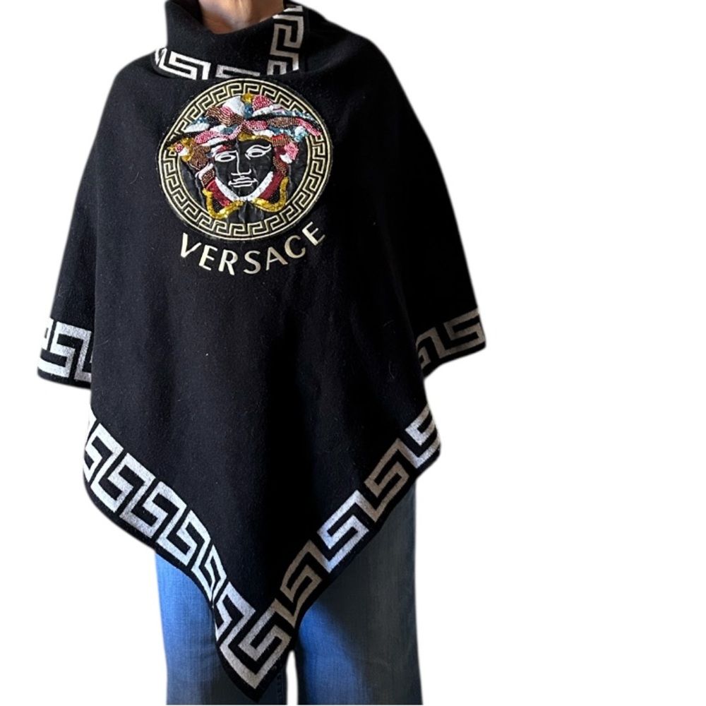 Versace Black and white gray cape/poncho with embroidery and sequins